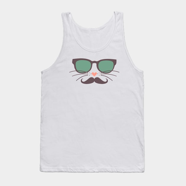 Hipster Cat Face Green Glasses Mustache Tank Top by FlashMac